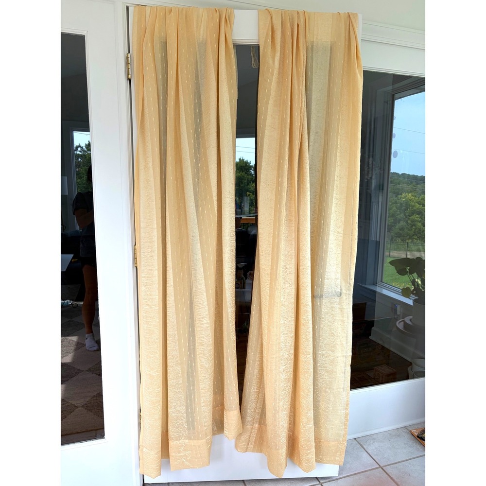Vintage Gold Sheer Crinkle Curtain 50x85 Panels Textured Rope Loop Header Pair